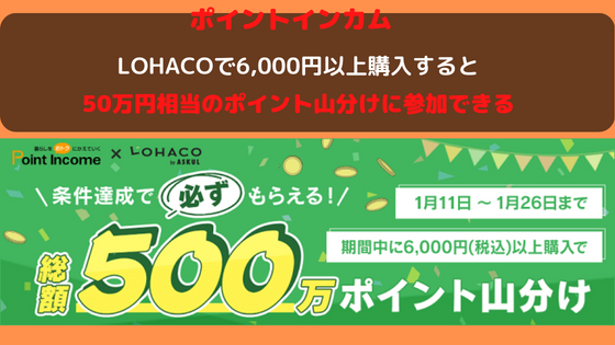 ポイントインカム　LOHACOで6000円以上購入すると50万円相当のポイント山分けに参加できる